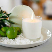plate with CandleXchange candle, rockmelon, limes and coconut with pineapple leaves in background