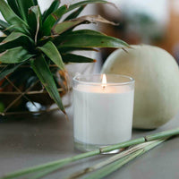CandleXchange candle lit sitting behind a bunch of lemongrass and in from of a pineapple top with a rockmelon